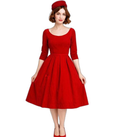 Vintage 1960s Red Velvet Fit & Flare Party Cocktail Dress W/Pillbox Hat Size XS - Picture 1 of 16